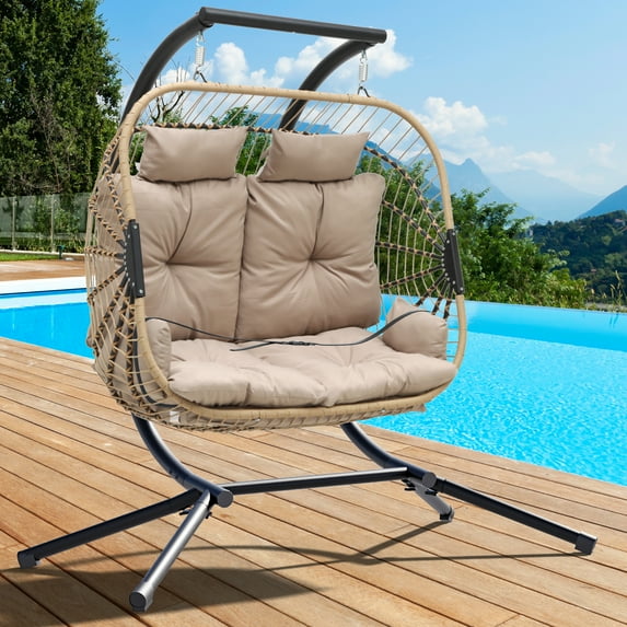 Uforic Double Egg Chairs with Resilient Iron and Rattan Frame, for Indoor and Outdoor Use, Intimate Two-Person Seating, Simple Maintenance, Beautifully Hand-Woven, Khaki