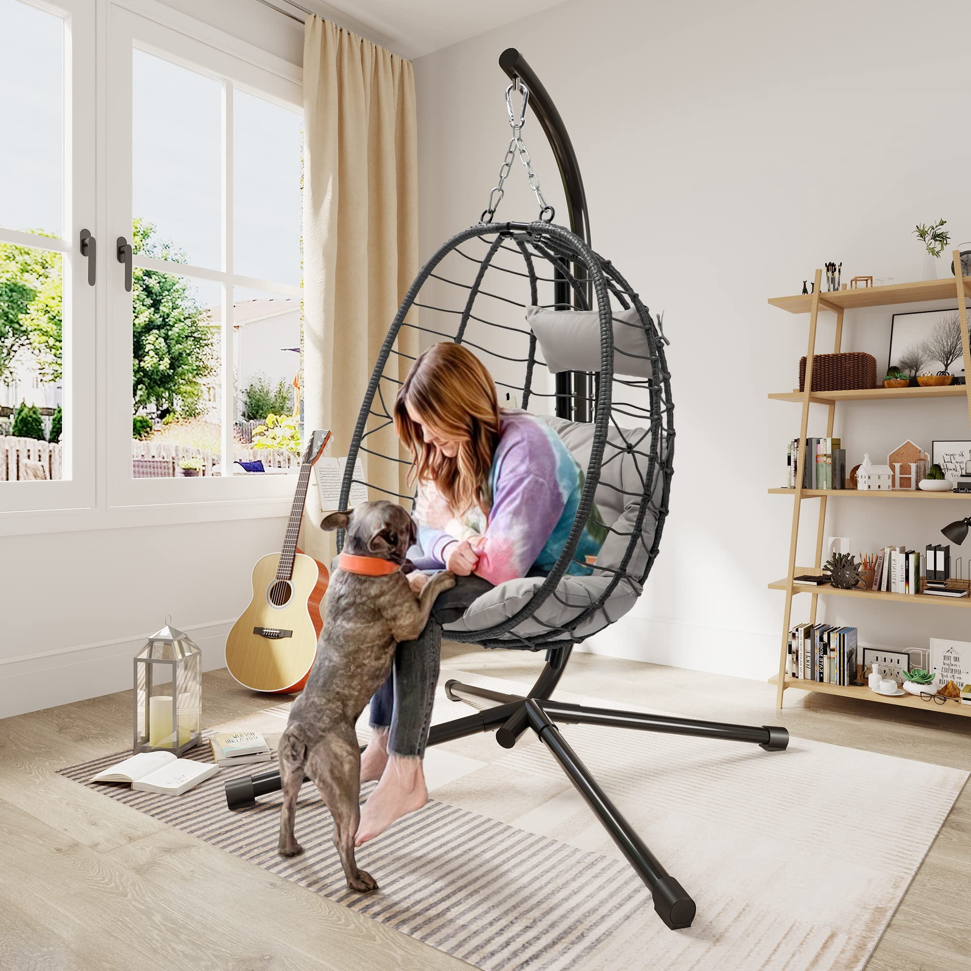 Uforic Wicker Egg Swing Chair with Stand & Cushion, 330lbs Capacity, Beige