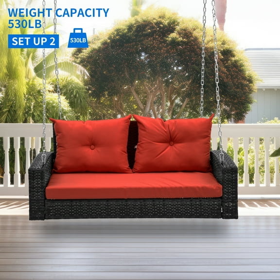 Uforic Dual-Seater Outdoor Swing Chair, Elegant Black Rattan Patio Lounge with Red Cushions and a Strong Capacity of 770lbs for Garden, Balcony, and Living Room
