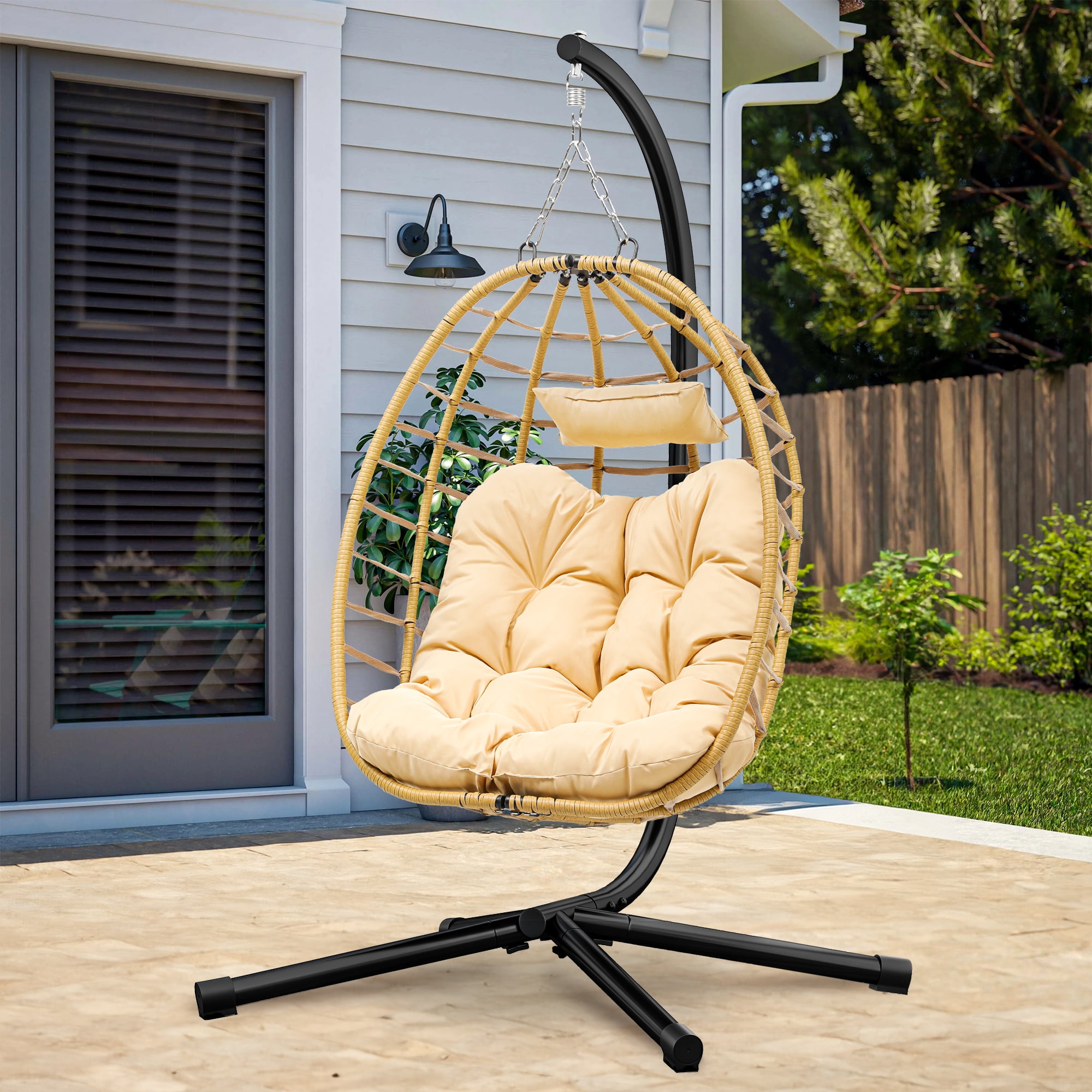 Uforic Outdoor Wicker Egg Chairs Indoor with Steel Stand for Patio, Bedroom, Garden and Balcony, Beige