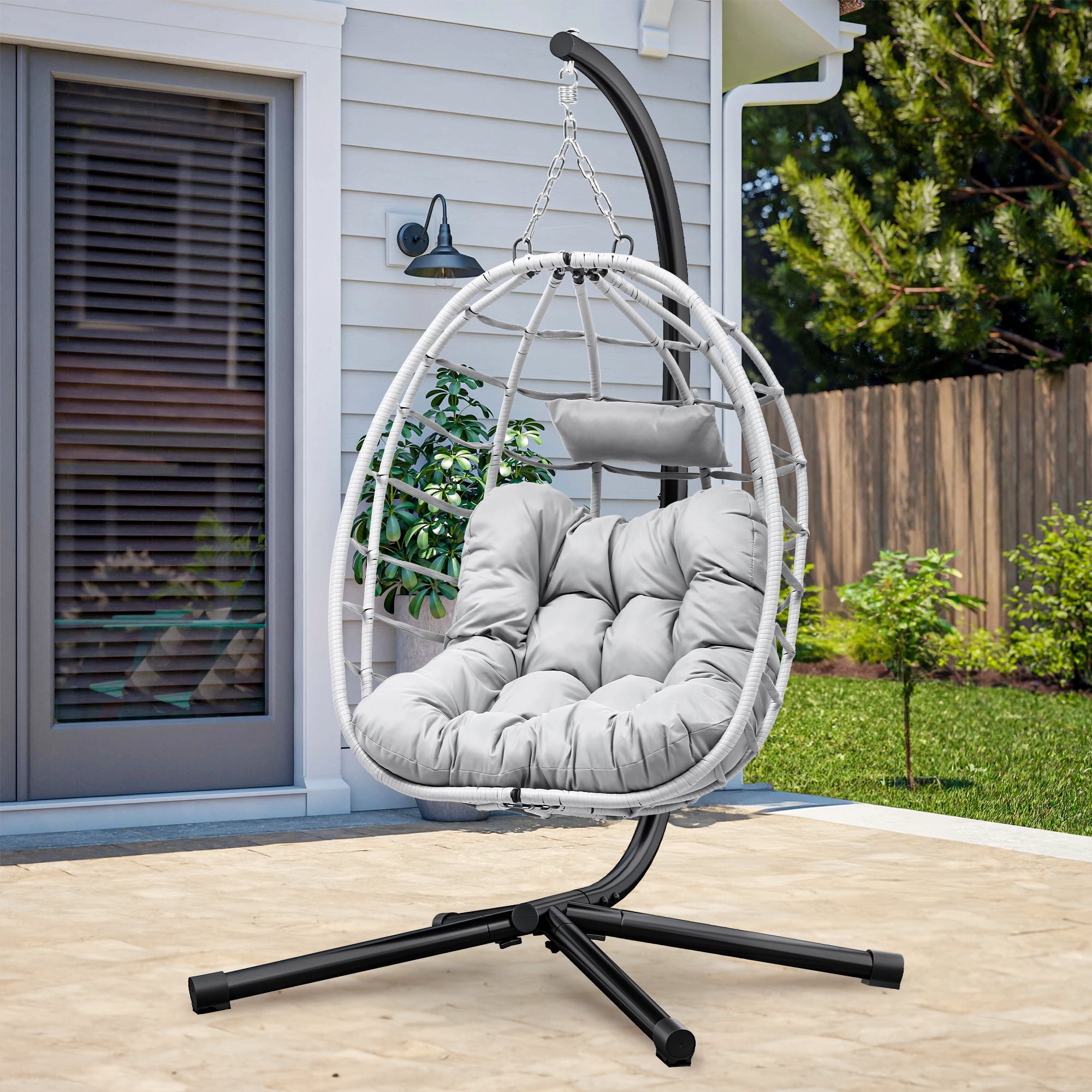 Uforic Egg Chair Swing Hanging Outdoor Wicker Hammock Chairs Indoor with Steel Stand UV Resistant Cushion 330lbs for Patio, Bedroom, Garden and Balcony - Gray