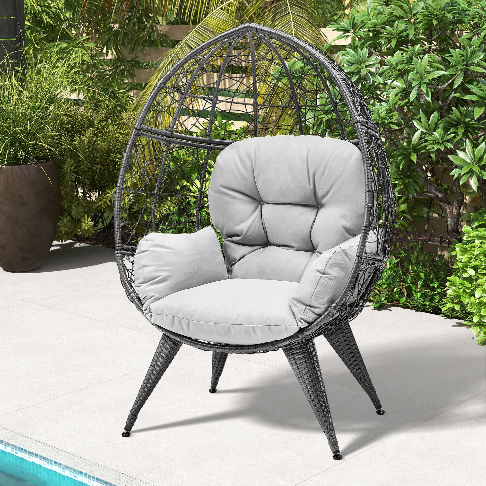 Outdoor Egg Chair With Cushions – 360° Swivel & Rocking Rattan Lounge Chair For Patio, Porch, Or Garden, 350lb Capacity, Natural & Grey