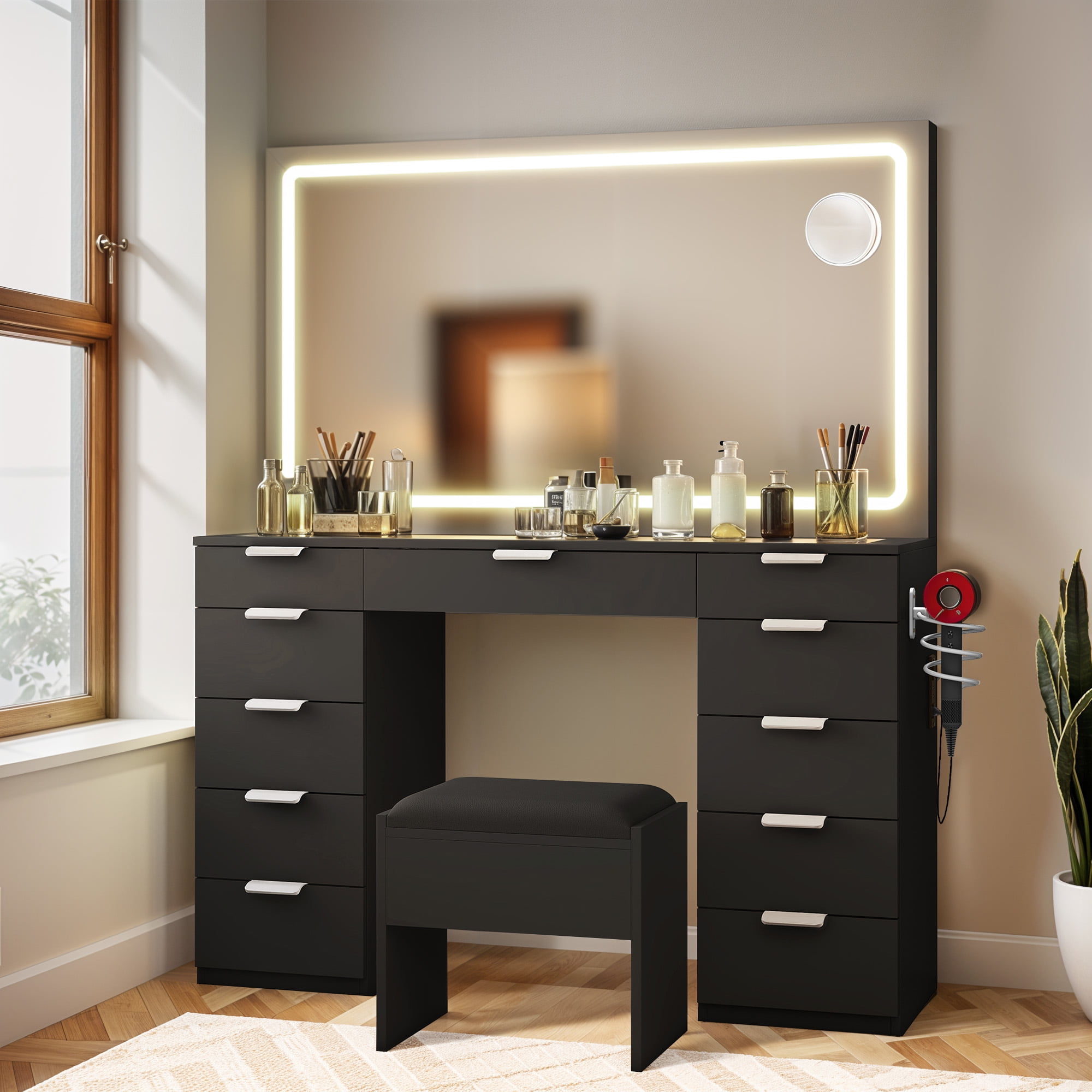 Uforic Elegant Black Vanity Desk Set with LED Mirror and Glass Top