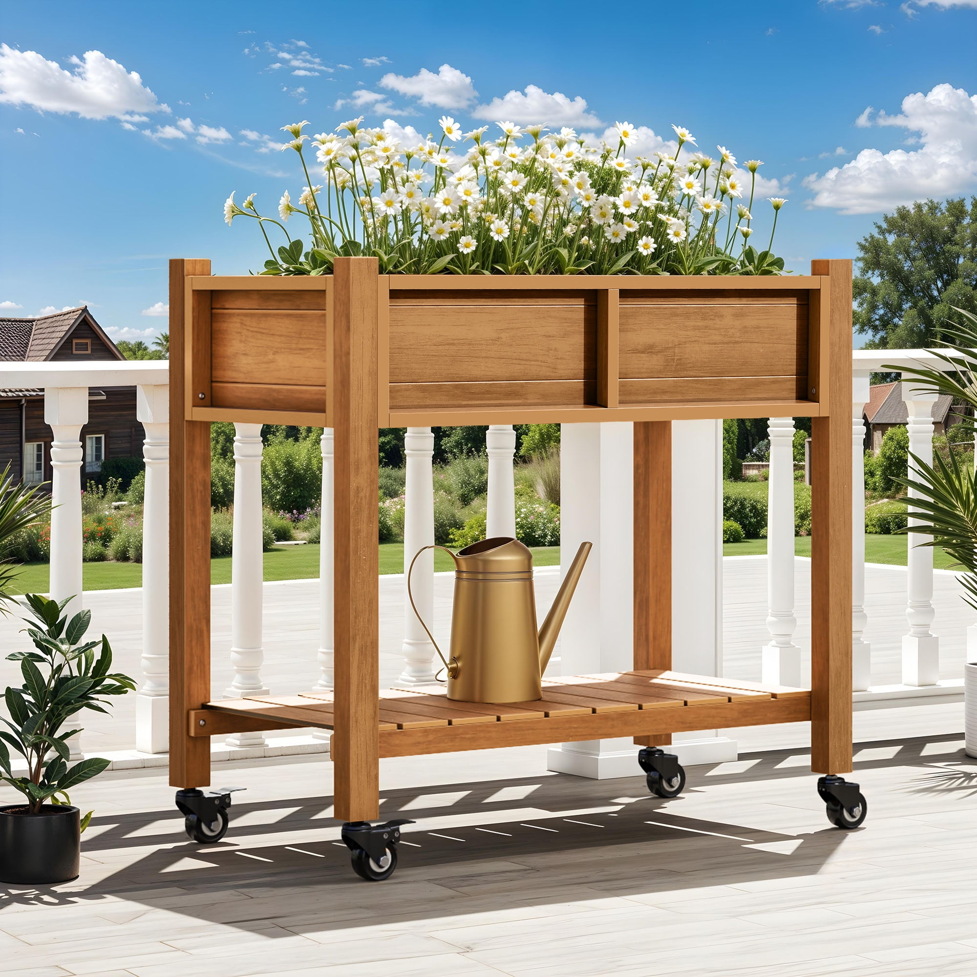 Uforic Elevated Planter Box with Wheels, Weatherproof HIPS Raised Garden Bed with Drainage, Natural