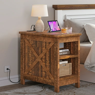 Uforic End Table with Charging Station, Farmhouse Nightstad Side Table, Brown