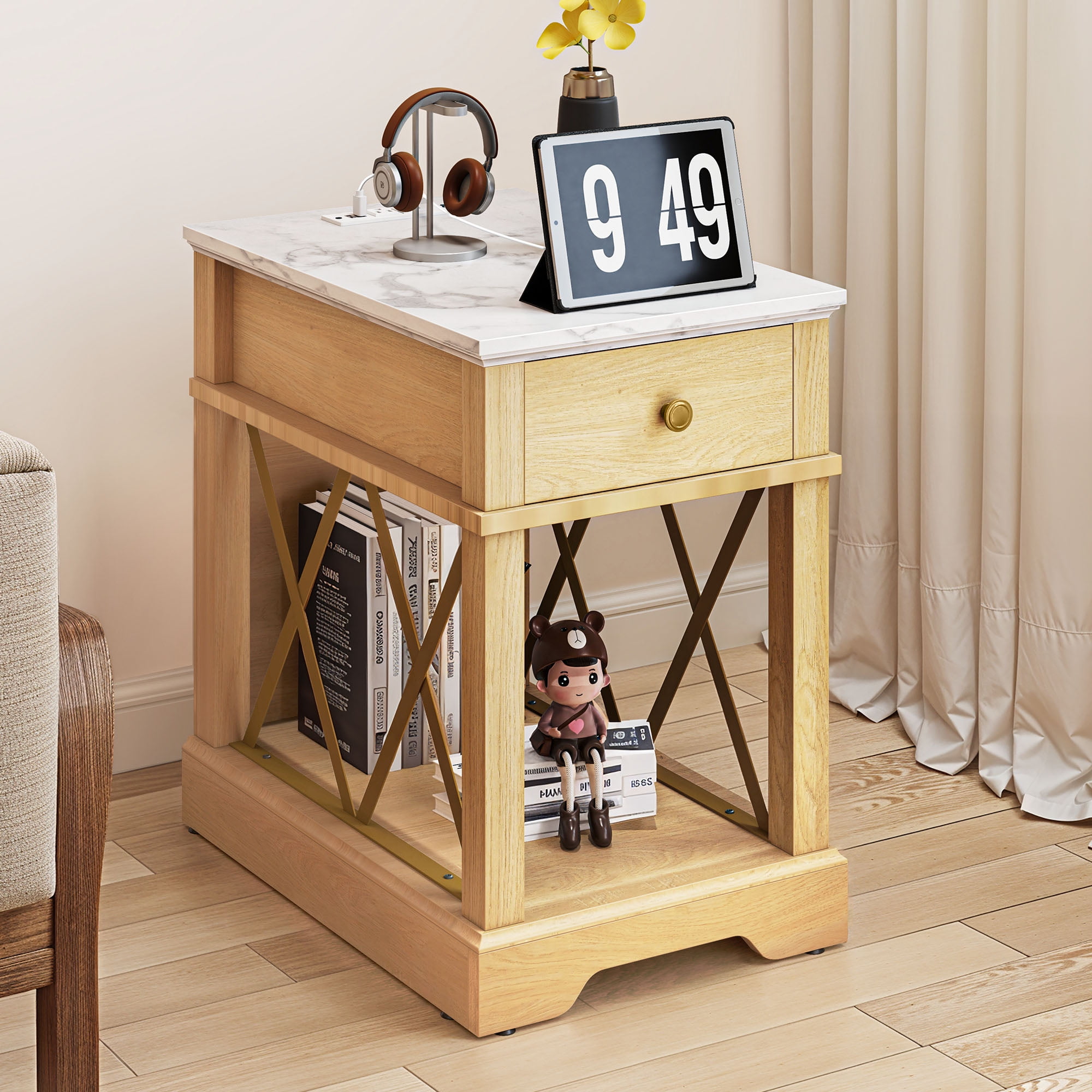 Uforic End Table with Charging Station for Living Room, Nightstand Side Table with Drawer, Natural