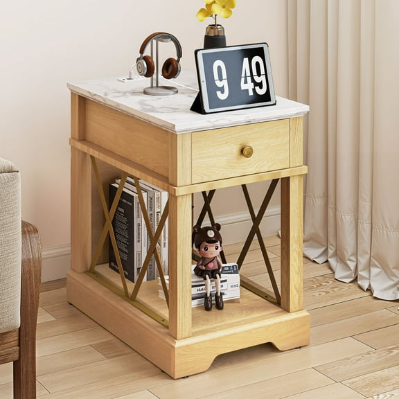 Uforic End Table with Charging Station for Living Room, Nightstand Side Table with Drawer, Natural