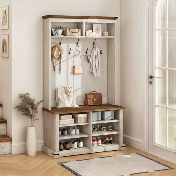 Uforic Entryway Bench with Coat Rack, 4-in-1 Hall Tree with Shoe Storage Bench, 7 Hooks and Bottom Shoe Cabinet for Hallway, Bedroom