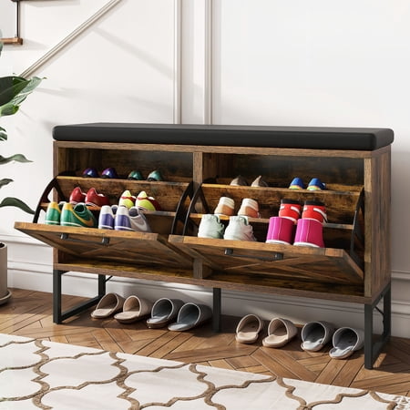 Uforic Entryway Shoe Storage Bench with 2 Flip Drawers & Padded Seat, Shoe Cabinet Organizer, Brown