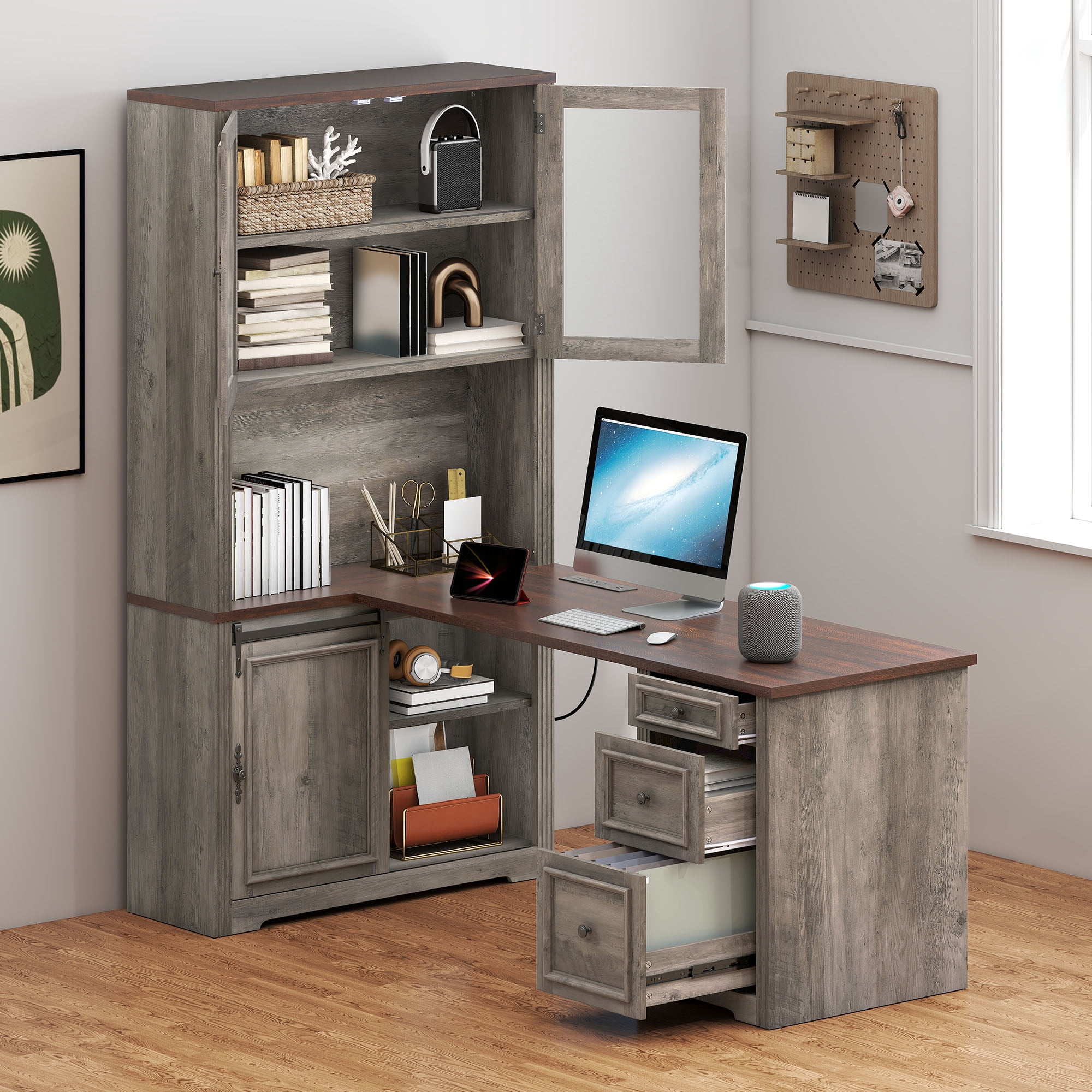 Uforic Executive Desk with Hutch, L Shape Computer Desk, Wood Office Desk with Storage Cabinet, Gray