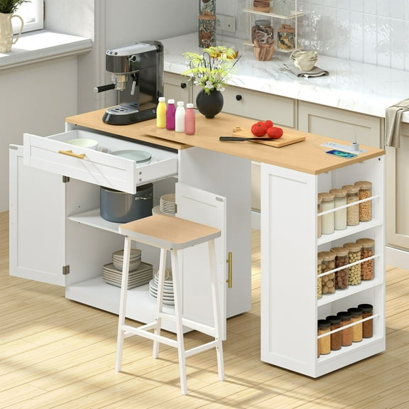 Uforic Extendable Kitchen Island Table with Power Outlets & Seating, Rolling Kitchen Island, White