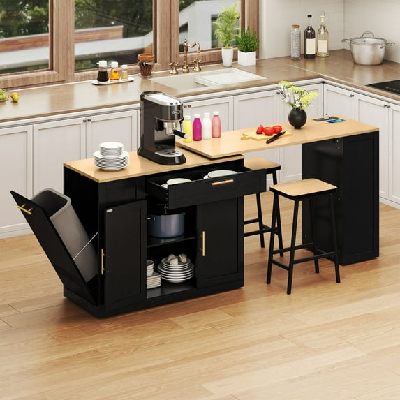 Uforic Extendable Kitchen Island with Power Outlets & 2 Stools, Kitchen Island Cart with Trash Storage Compartment, Black