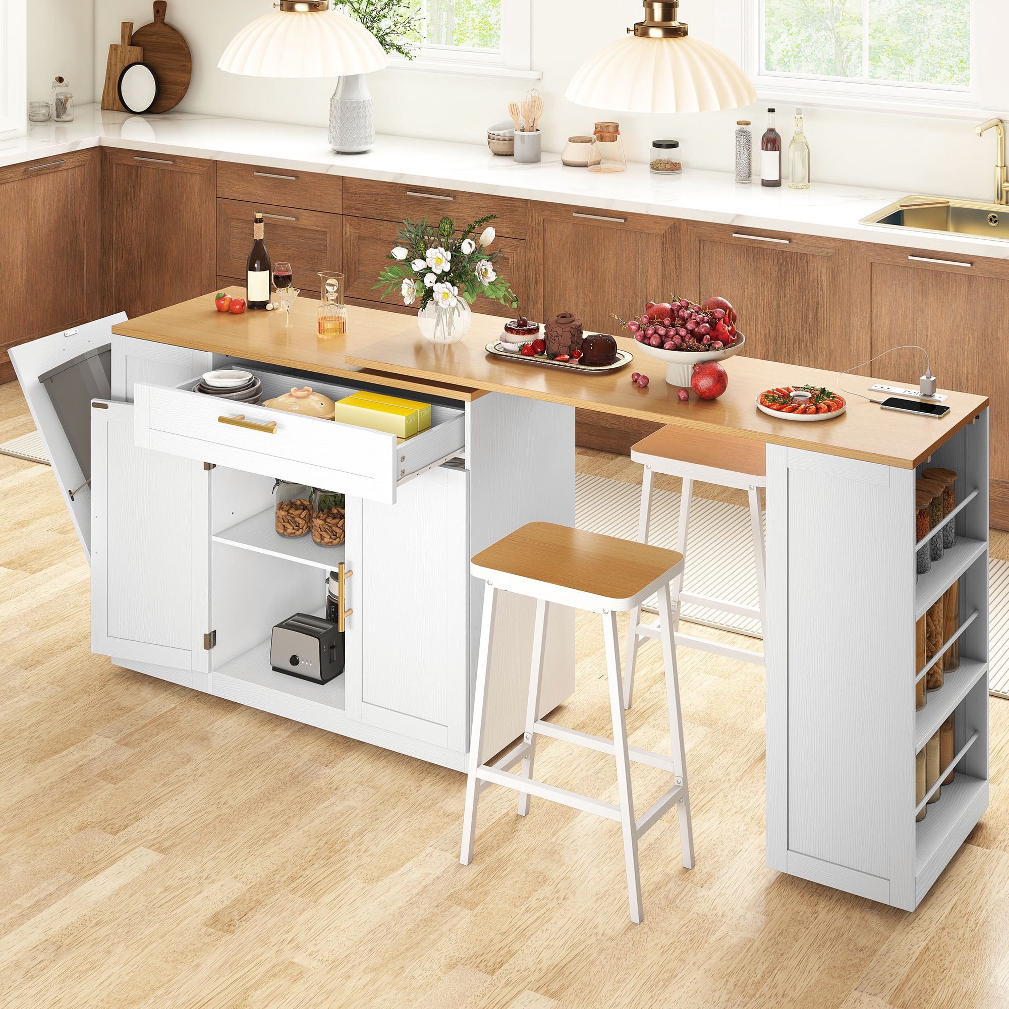 Uforic Extendable Kitchen Island with Power Outlets & 2 Stools, Kitchen Island Cart with Trash Storage Compartment, White