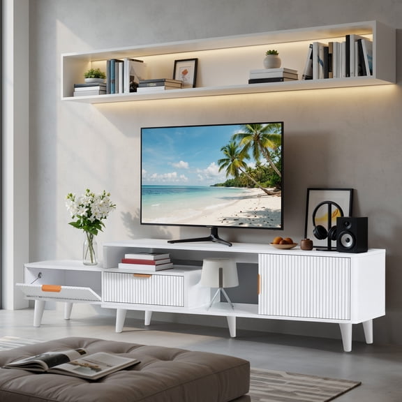 Uforic Extendable TV Stand for 100 Inch TV, Modern Fluted Entertainment Center with LED Light & Power Outlet, Freestanding Media Console with 1 Drawer & 2 Storage Cabinets, White