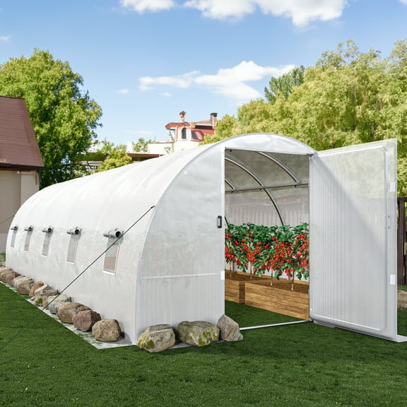 Uforic 26x10x7ft Extra Large Heavy-Duty Walk-in Tunnel Steel Greenhouse with Door and Window, White