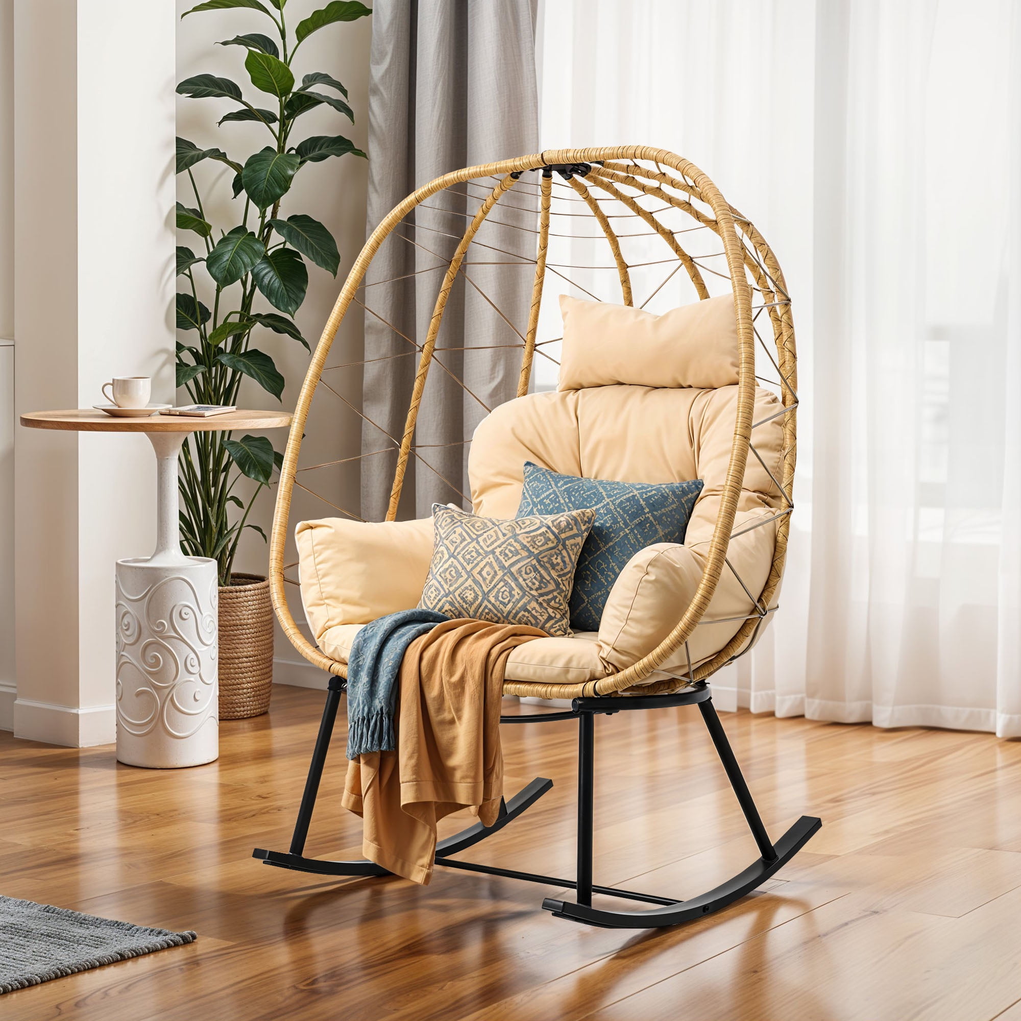 Uforic Extra-large Papasan Rocking Chair, Cushioned Outdoor and Indoor Seating, Cozy Lounge Chair with Plush Padding for Master Bedroom, Family Room, Backyard Oasis,Terrace, Courtyard (Gray)