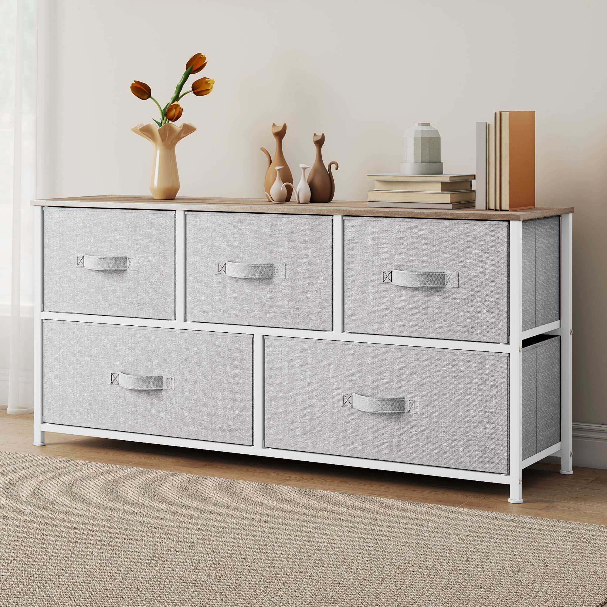 Uforic Fabric Dresser TV Stand with 5 Drawers, Wide Storage Tower Chest for and Closet Light Grey