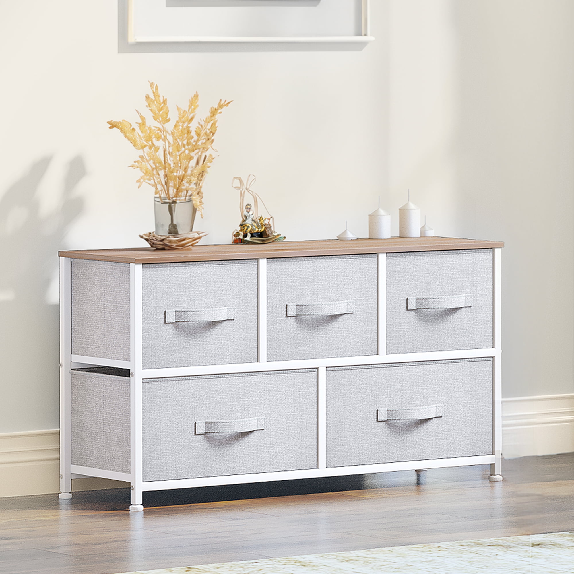 Uforic Fabric Dressers TV Stand with 5 Drawers, Wide Storage Tower Chest for Bedroom and Closet Light Grey
