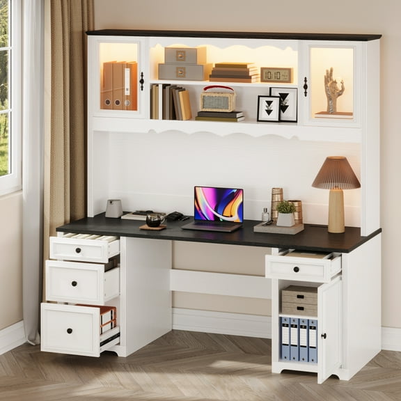 Uforic Farmhouse 61" Computer Desk with Hutch, Executive Desk with LED Lights &Storage Cabinet, White