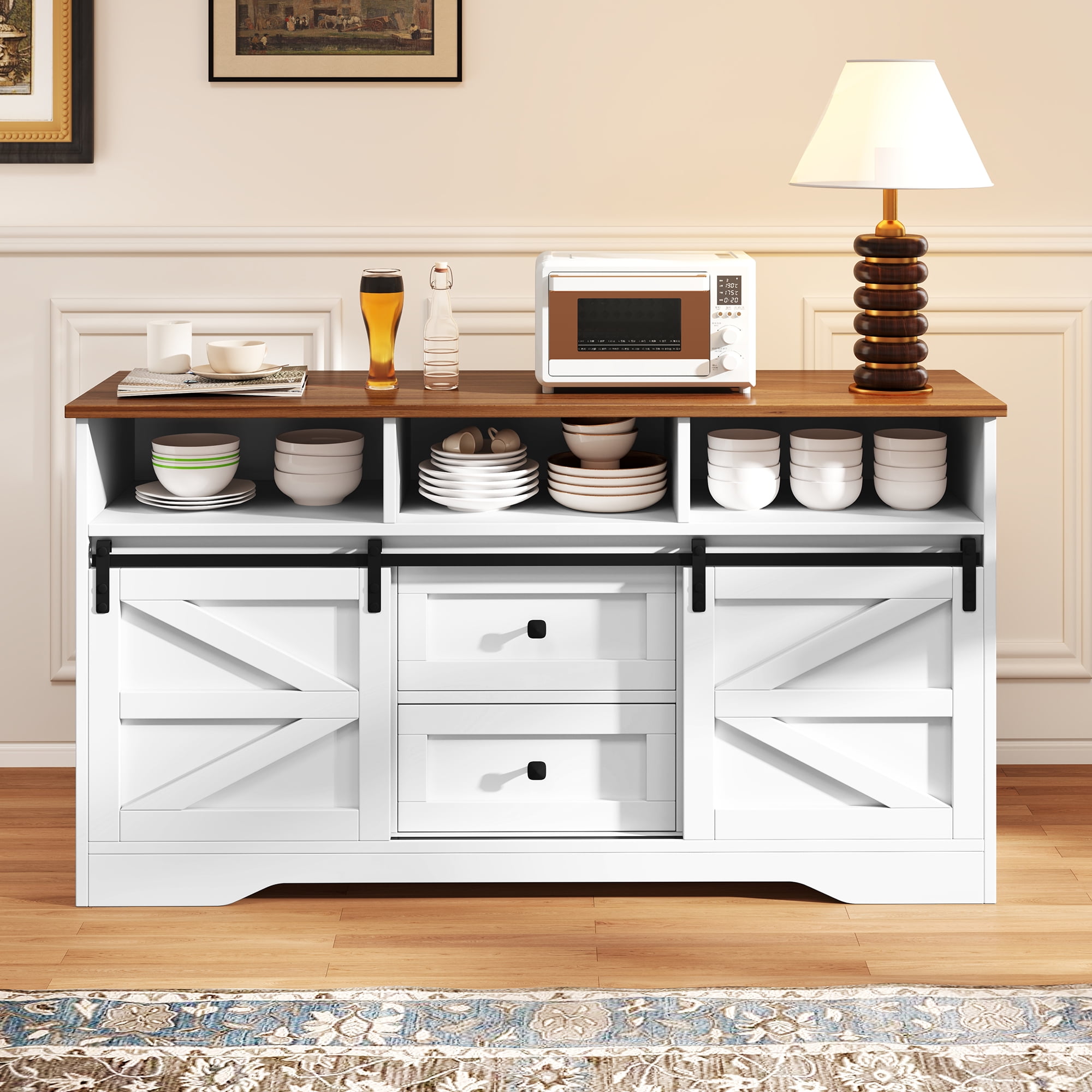 Uforic Farmhouse Buffet Sideboard Cabinet w/ Sliding Doors, Drawers for Kitchen, Living Room, White