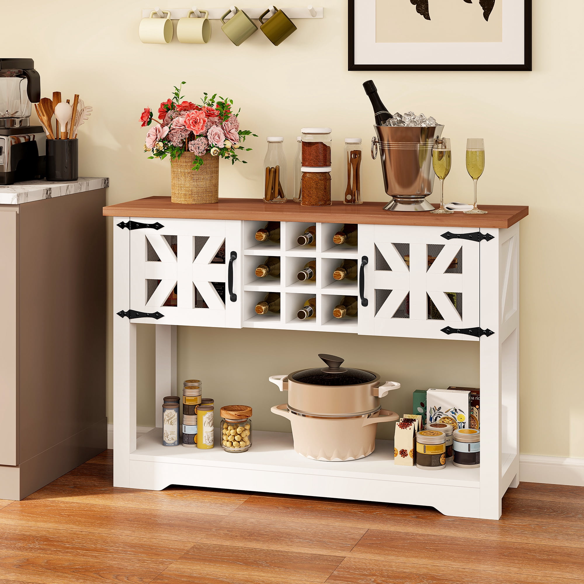 Uforic Farmhouse Buffet Table Kitchen Cabinet, Buffet Cabinet Sideboard Storage Cabinet, White