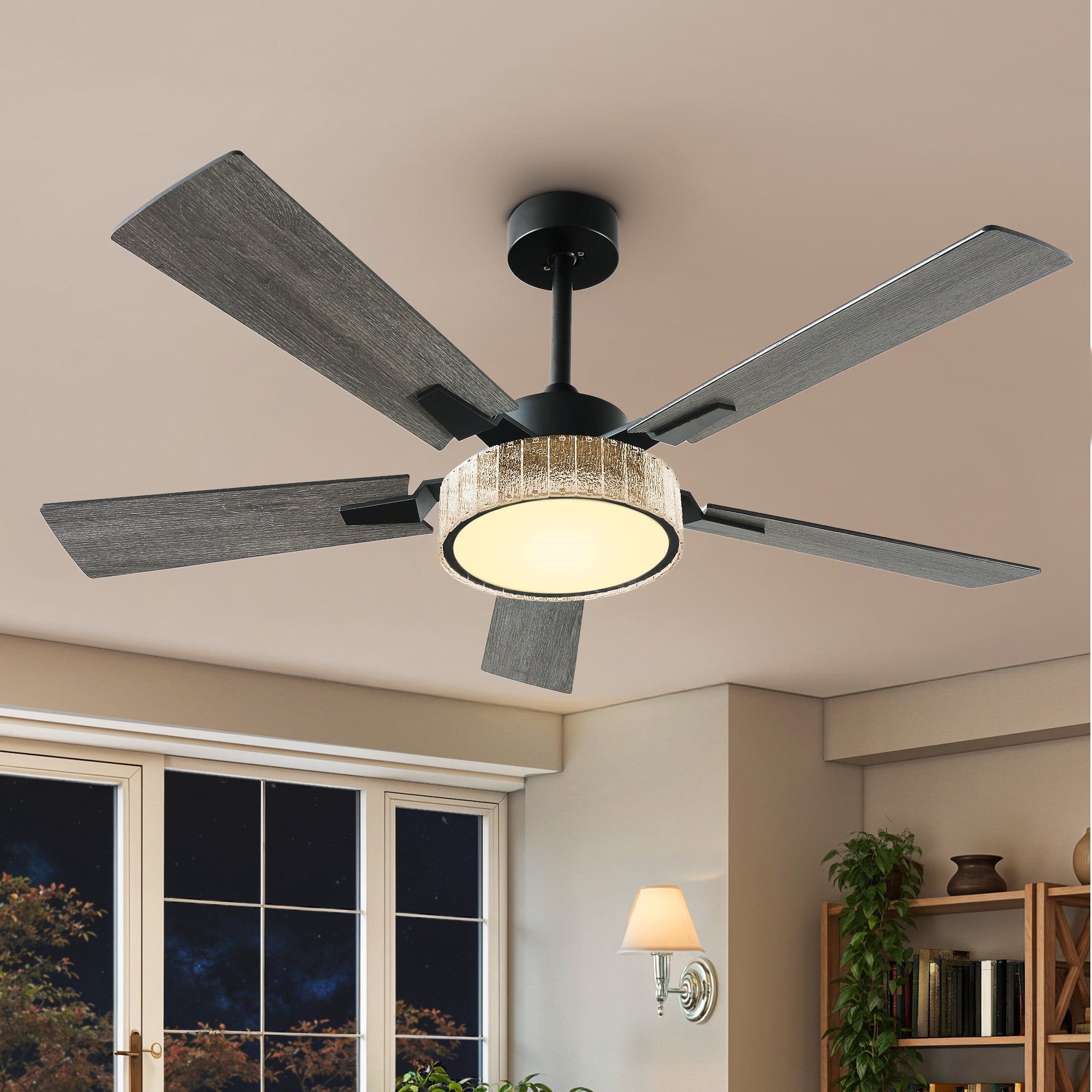 Uforic Farmhouse Ceiling Fans with Lights and Remote & App, 52 Inch Indoor Chandelier Black Ceiling Fan with Light & Compatible with Alexa