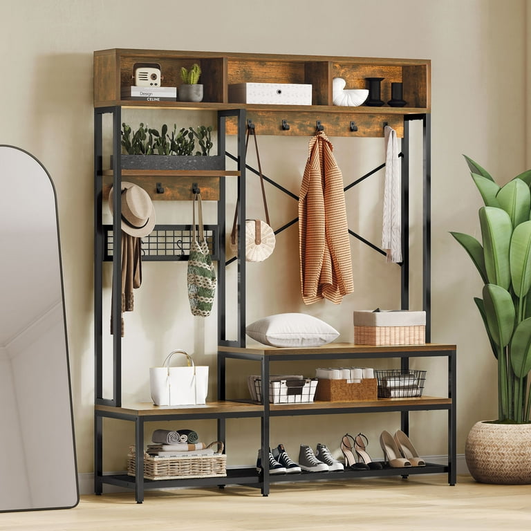 Uforic Farmhouse Coat Rack with Shoe Bench 5 in 1 Entryway Hall Tree for Bedroom Rustic Brown Walmart