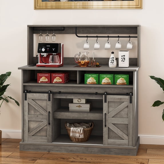 Uforic Farmhouse Coffee Bar Cabinet with Power Outlet, Wine Glass Rack, Barn Door Storage, 47" Sideboard