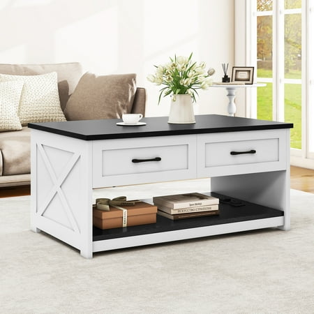 Uforic Farmhouse Coffee Table with Play Mat, Drawers, Power Outlet & Removable Black Top