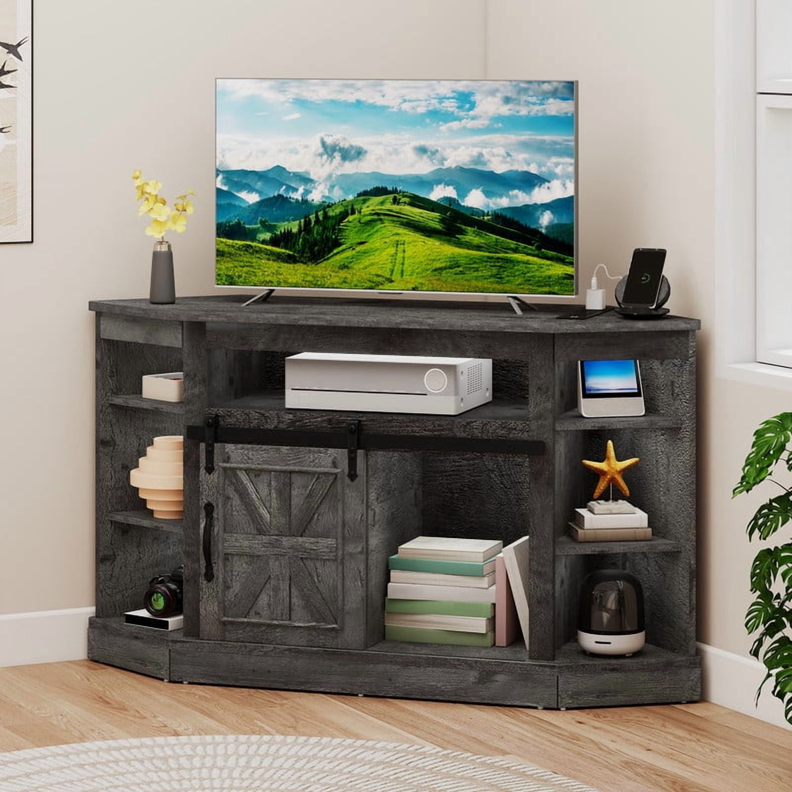 Uforic Farmhouse Corner TV Stand for 50" TV, Entertainment Center with Sliding Barn Door, Dark Gray