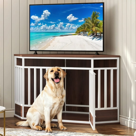 Uforic Farmhouse Corner TV Stand for TVs up to 55 inch With Wood Corner Dog Crate Furniture,Dog Kennel, TV Media Console, Walnut & White