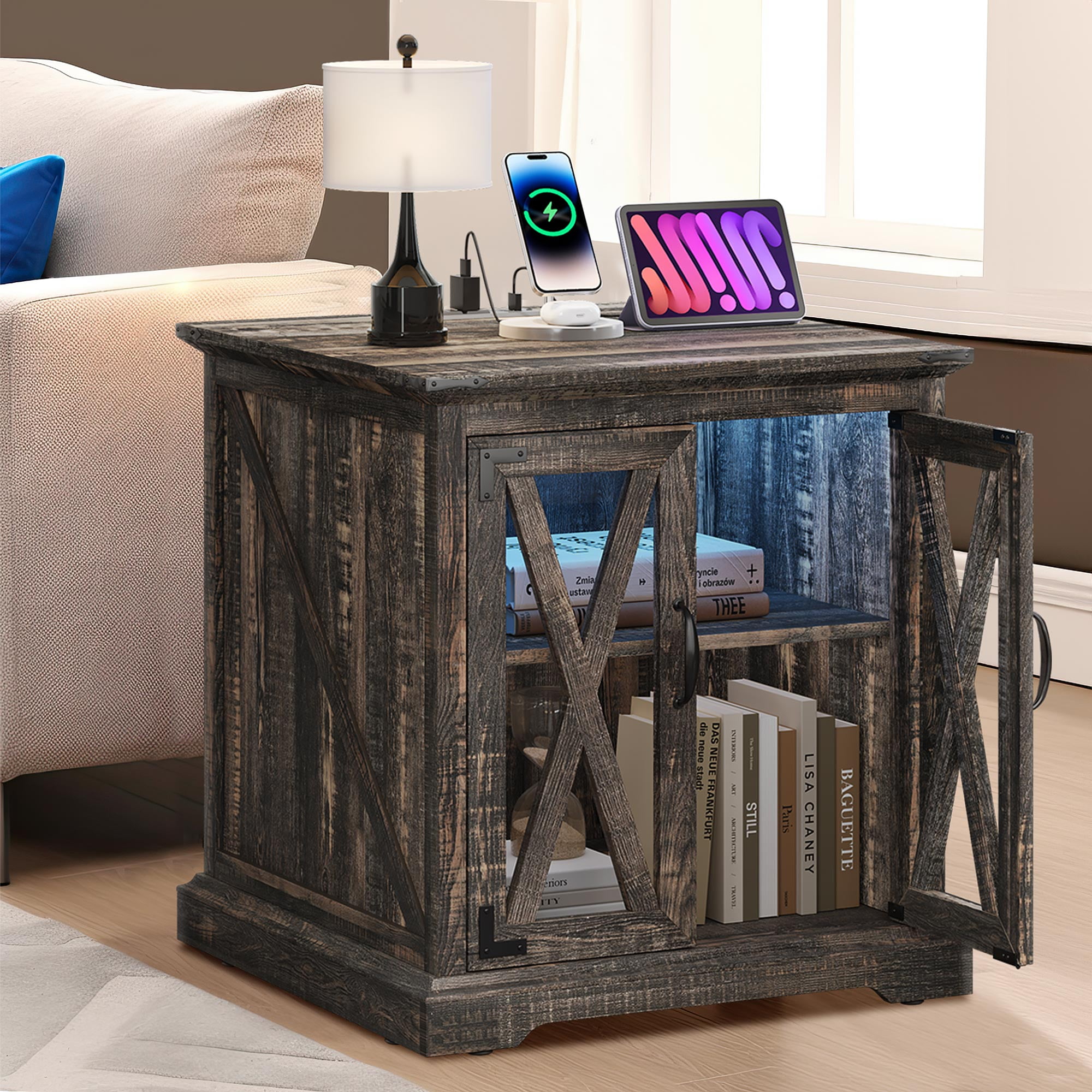 Uforic Farmhouse End Table with Power Outlets, Side Table Nightstand with LED Lights & Doors, Oak
