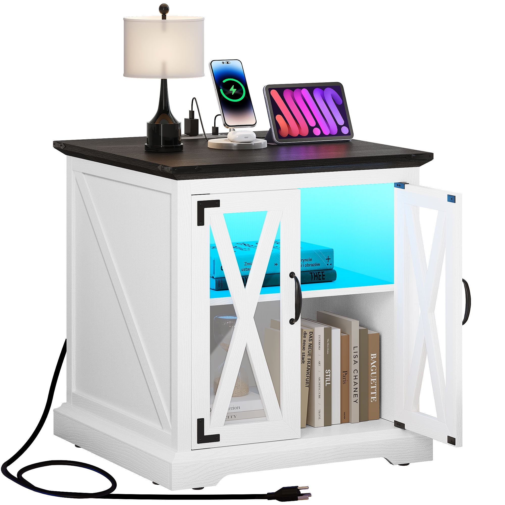 Uforic Farmhouse End Table with Power Outlets, Side Table Nightstand ...