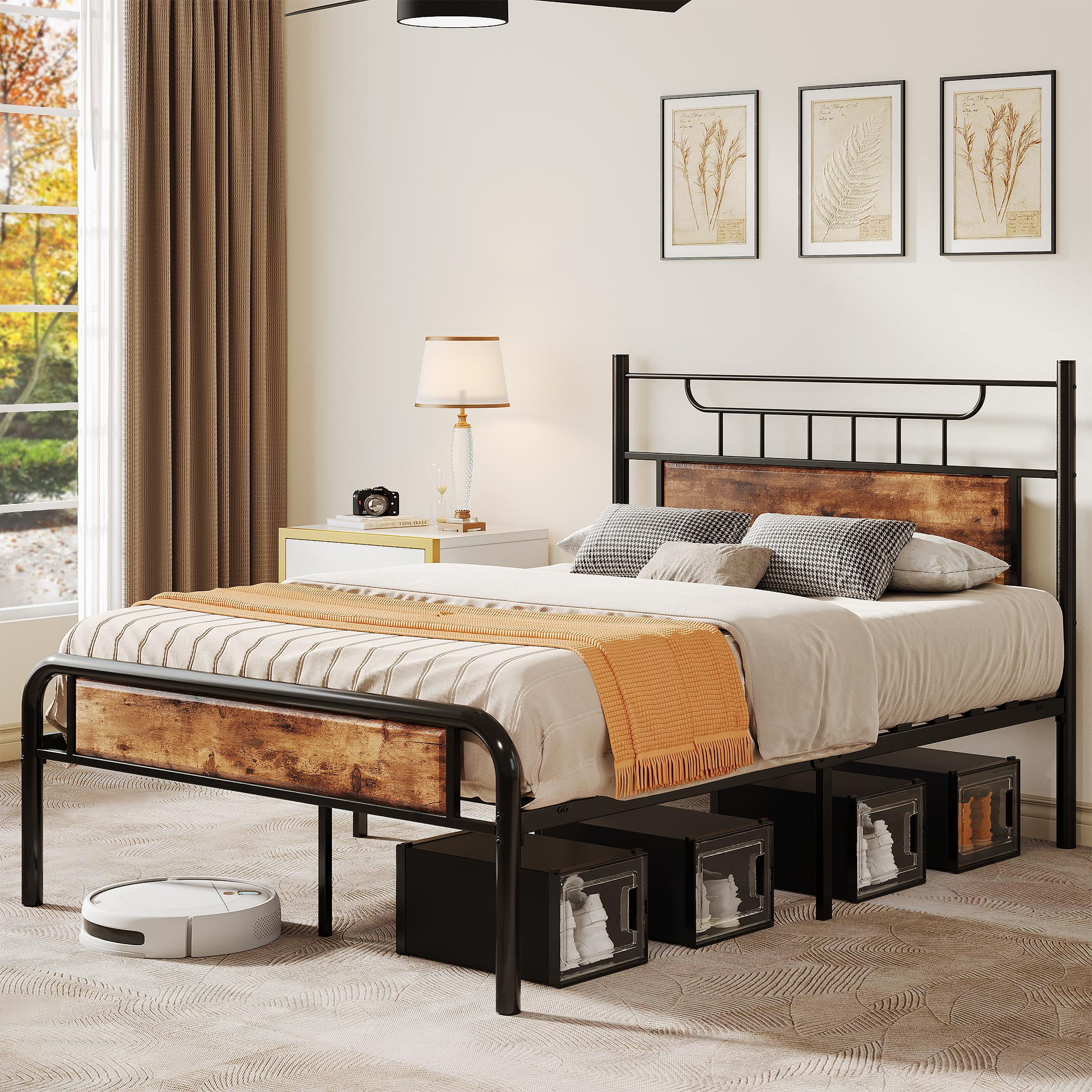 Uforic Farmhouse Full Size Metal Bed Frame with Headboard & Soundproof Cotton, Adult and Teen
