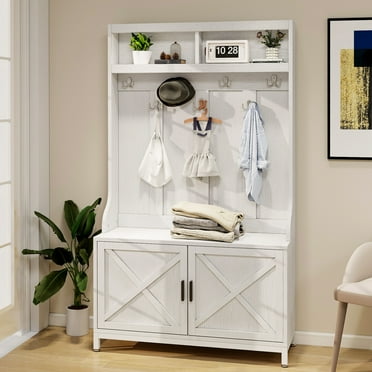 Uforic Farmhouse Hall Tree, 4-in-1 Coat Rack with Storage Bench, White Shoe Cabinet for Hallway, Living Room