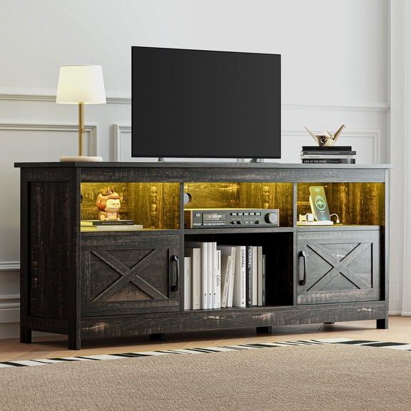Uforic Farmhouse-Inspired TV Stand with Power Outlet, LED-Lit Media Console, Simplistic TV Cabinet for Living Room or Bedroom, Dark Rustic Oak, 59 Inch