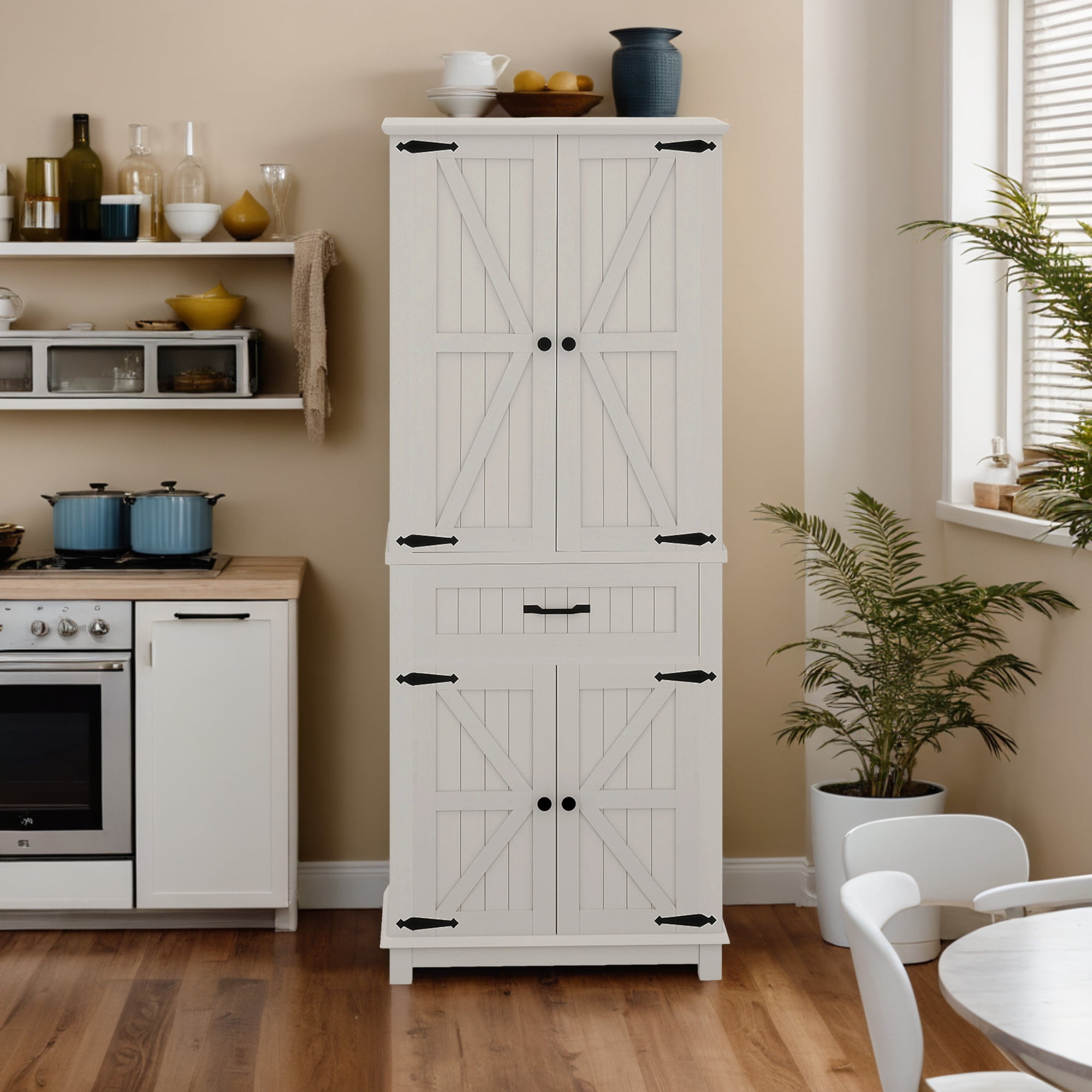 Uforic Farmhouse Kitchen Pantry Storage Cabinet with Doors and Drawer, White