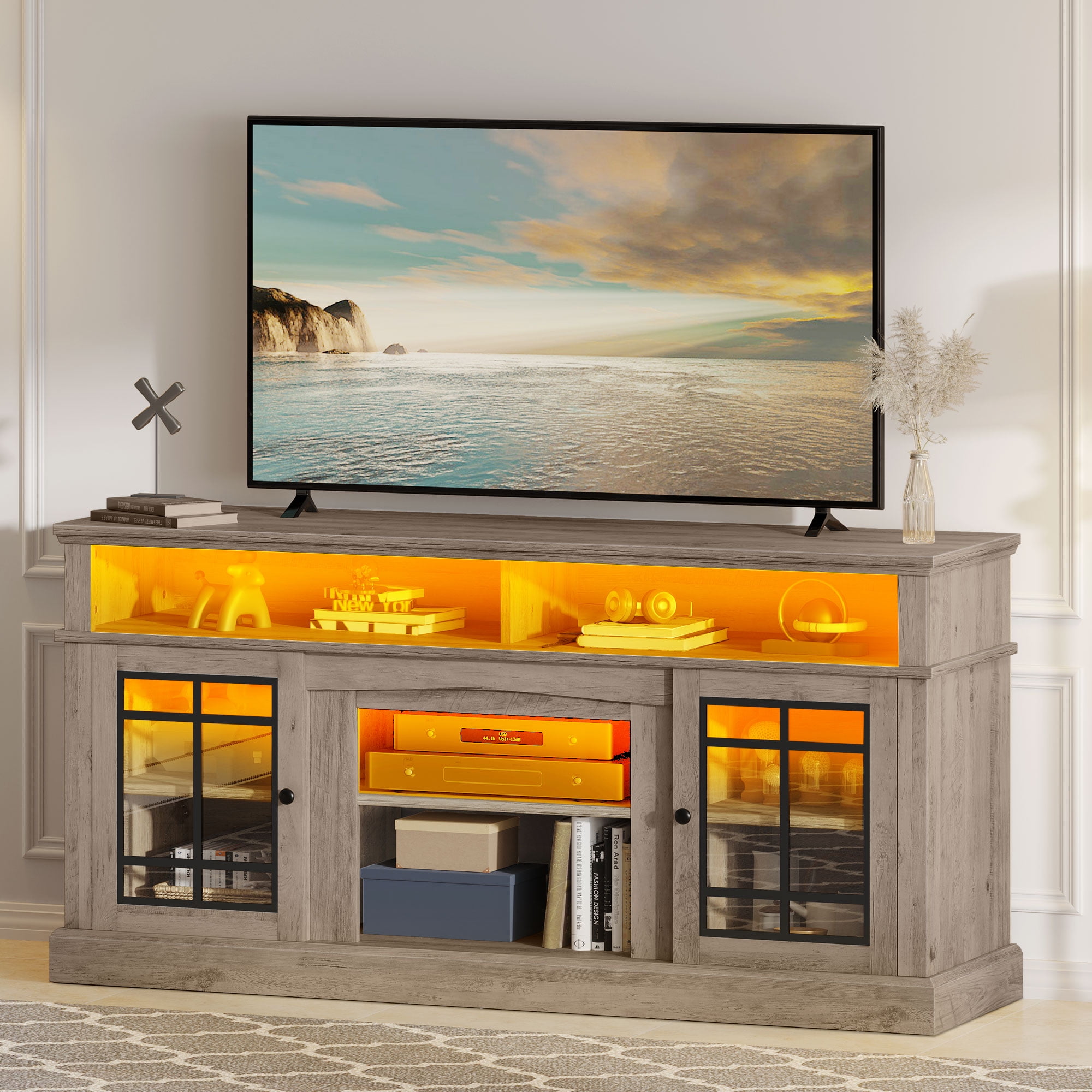 Uforic Farmhouse LED TV Stand for TV up to 70" with Glass Door, Wood TV Media Console for Living Room, Rustic Oak
