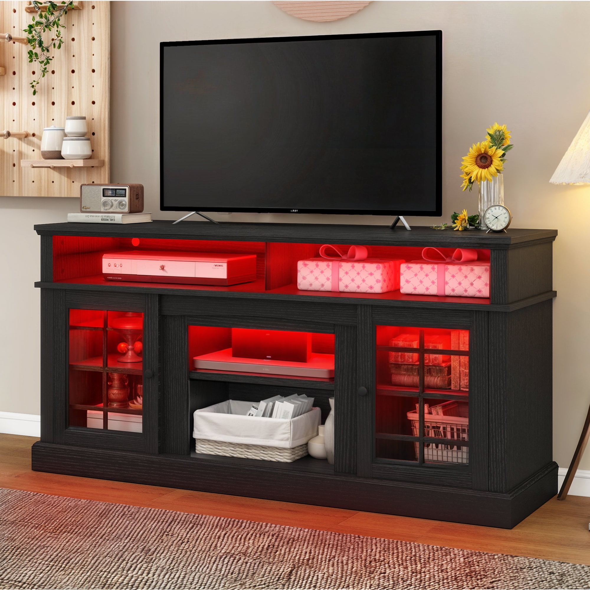 Uforic Farmhouse LED TV Stand for TV up to 70" with Glass Door, Wood TV Media Console for Living Room, White