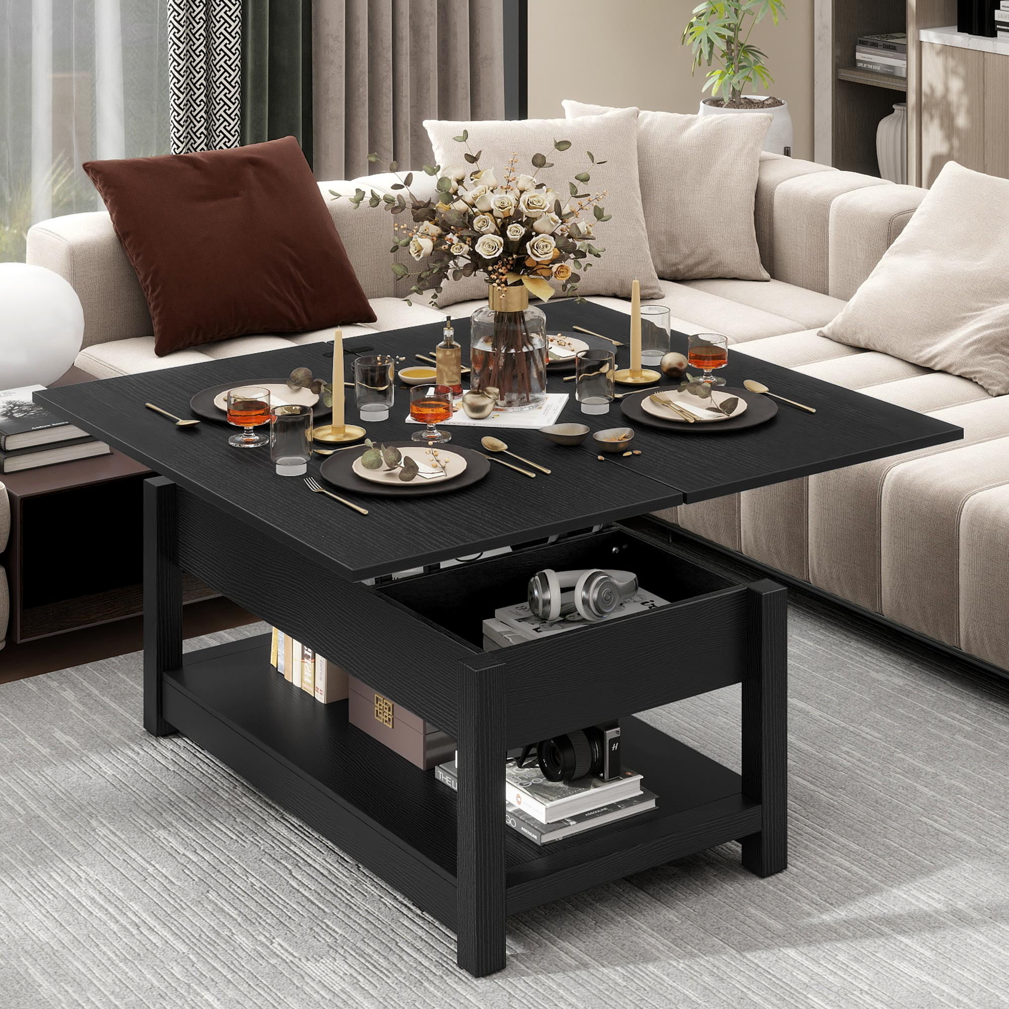 Uforic Farmhouse Lift Top Coffee Table, 3-in-1 Center Table with Storage for Living Room, OAK