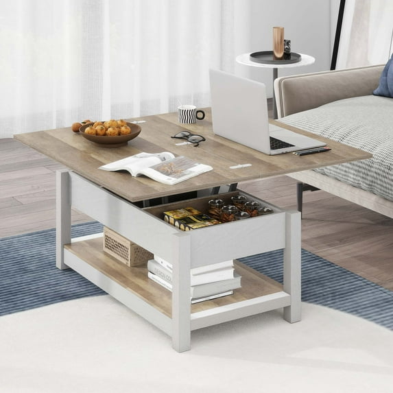 Uforic Farmhouse Lift Top Coffee Table, 3-in-1 Center Table with Storage for Living Room, OAK