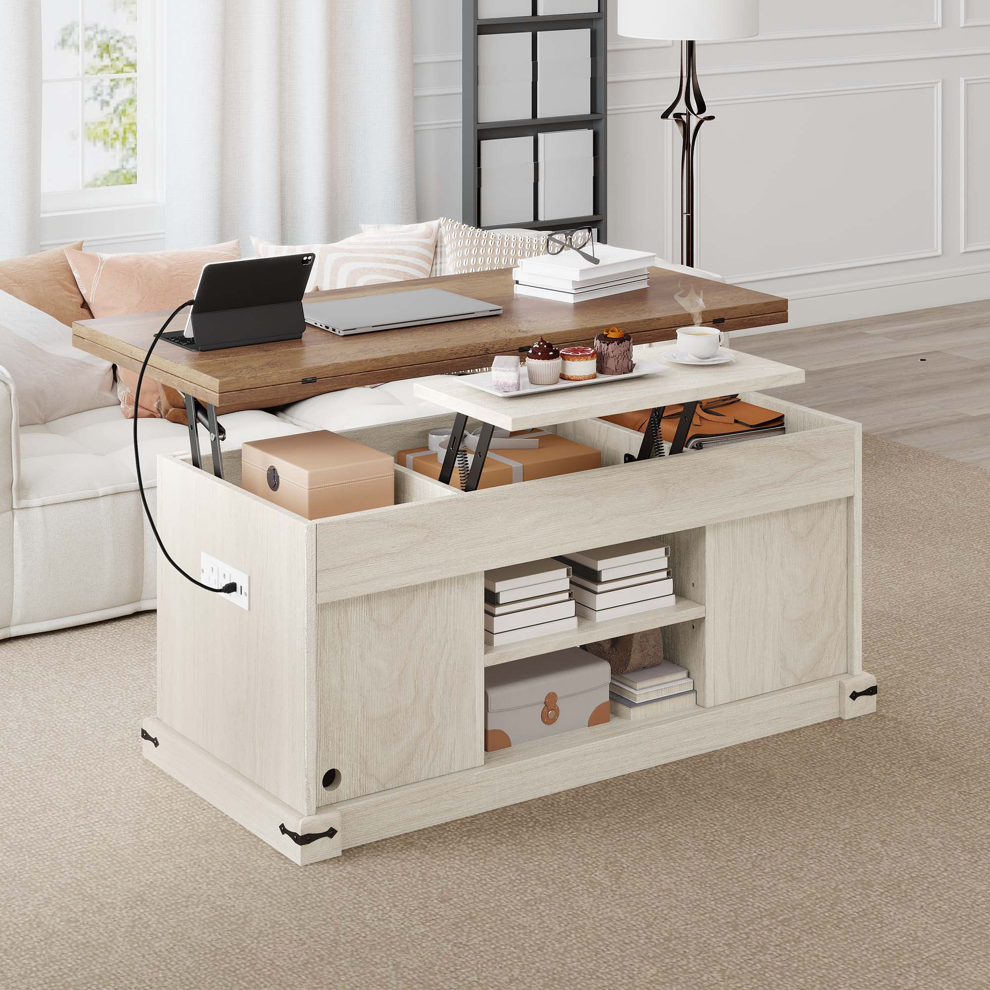 Uforic Farmhouse Lift Top Coffee Table with Charging Station & Barn Doors Storage, Brown