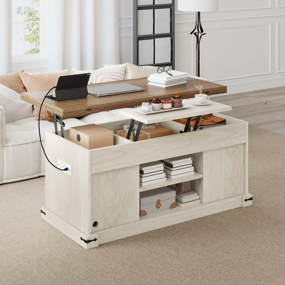Uforic Farmhouse Lift Top Coffee Table with Charging Station & Barn Doors Storage, Brown
