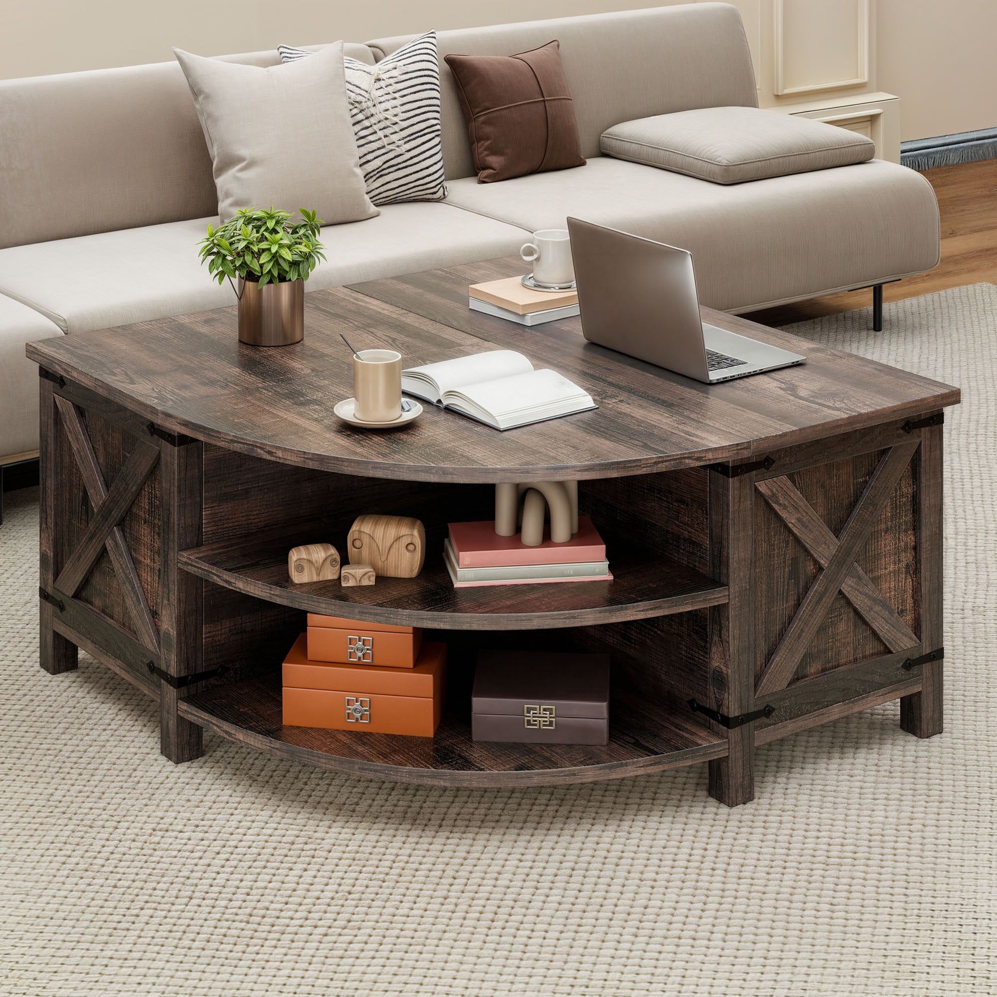 Uforic Farmhouse Lift Top Coffee Table with Storage & Power Outlets, Dark Oak