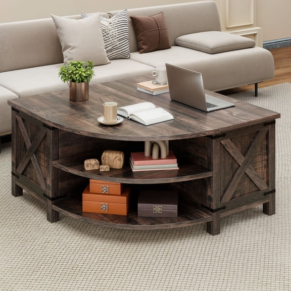 Uforic Farmhouse Lift Top Coffee Table with Storage & Power Outlets, Dark Oak