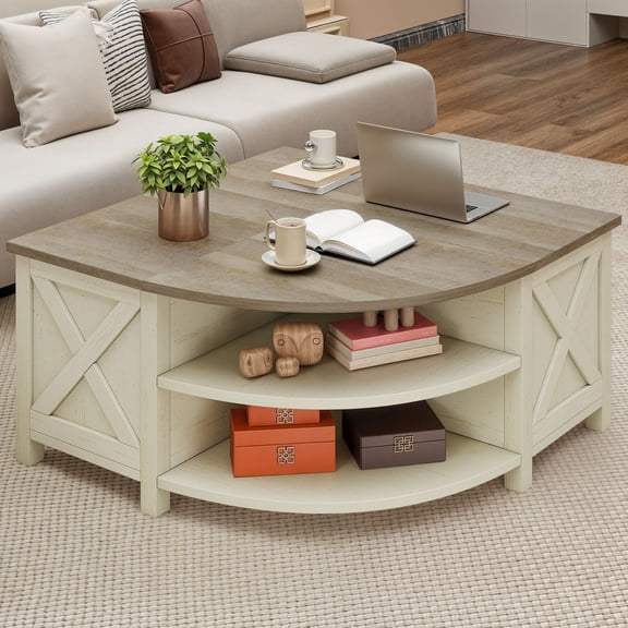 Uforic Farmhouse Lift Top Coffee Table with Storage & Power Outlets, Off-White