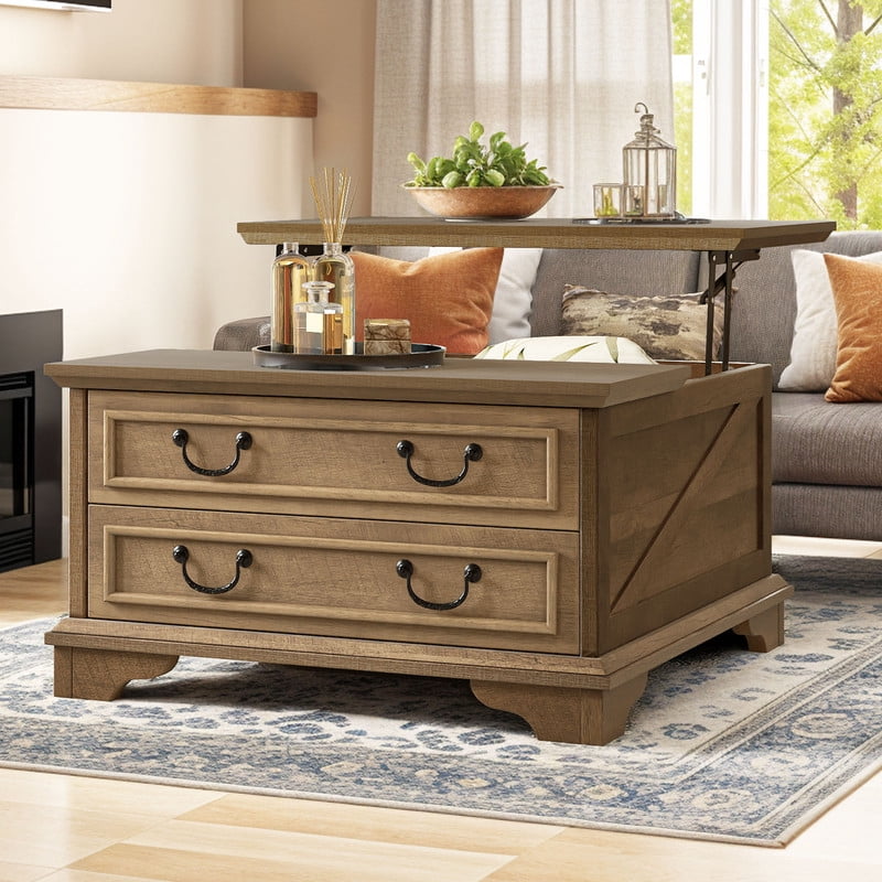 Uforic Farmhouse Lift Top Coffee Table with Storage, Square Center Dining Table with 2 Large Drawers, Rustic Brown