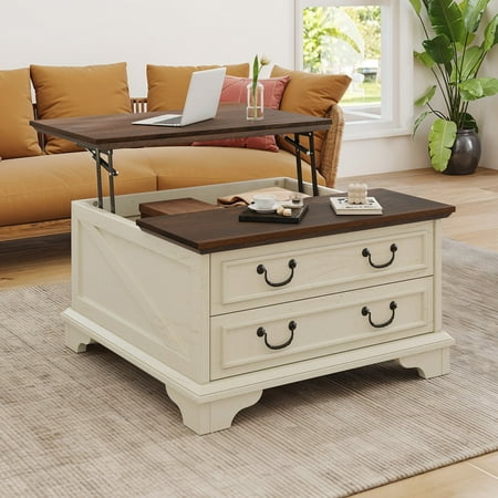 Uforic Farmhouse Lift Top Coffee Table with Storage, Square Center Dining Table with 2 Large Drawers, Rustic White