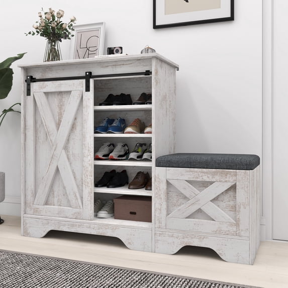 Uforic Farmhouse Narrow Slim 5-Tier Adjustable Shoe Cabinet with Sliding Door & Shoe Bench for 20 Pairs for Entryway, Foyer, Embossed White