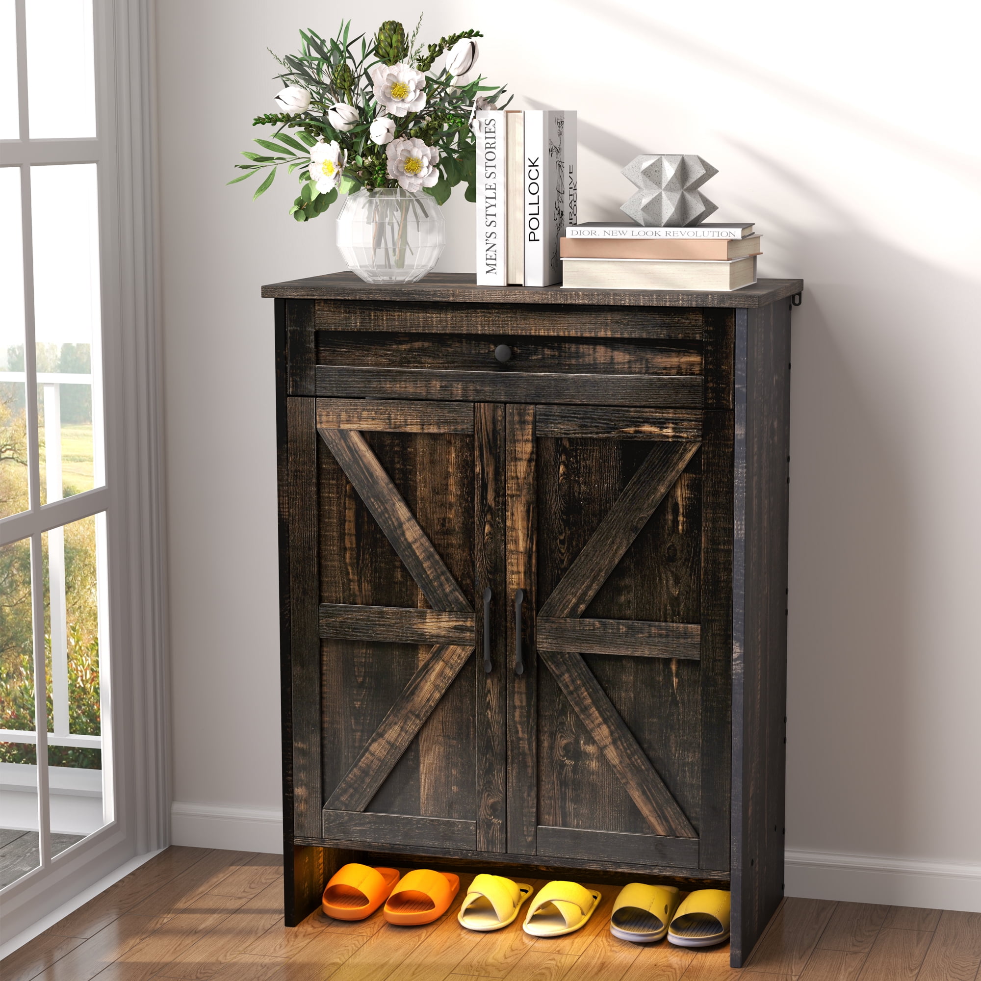 Uforic Farmhouse Narrow Slim 6-Tier Shoe Storage Cabinet with Top Drawer&Sensor Light for 16 Pairs for Entryway, Foyer, Dark Rustic Oak